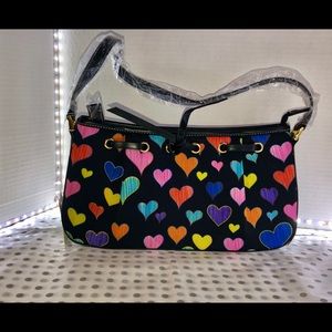 NWT Black base with multi colored hearts shoulder